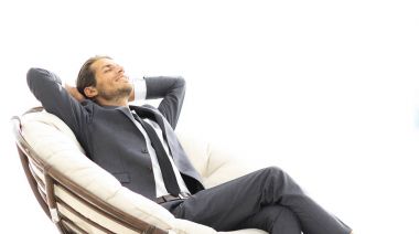 mutlu işadamı büyük rahat koltukta, rahatlatıcı