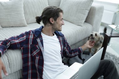 hayvanını okşayarak ve dizüstü bilgisayarda çalışan şık genç adam