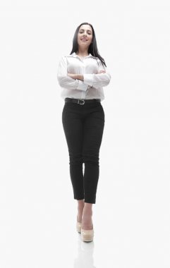 Aşağıdan bak. Tam gelişim. Başarılı genç kadın..