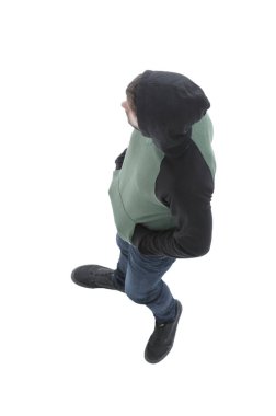 Yukarıdan görüntüleyin. Hipster aşağı bakıyor bir kukuleta ile ceket