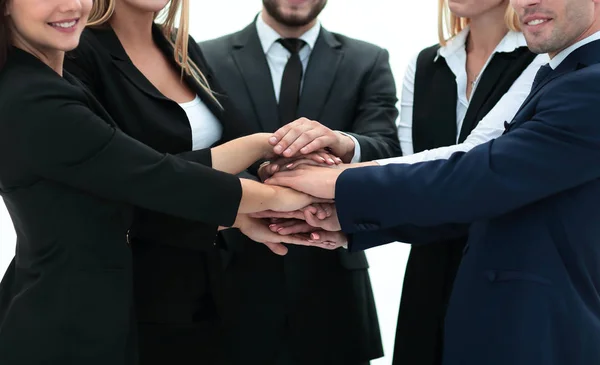 Freundliches Business-Team mit zusammengeklappten Händen. — Stockfoto