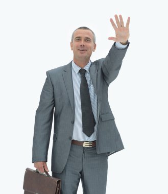 Kendine güvenen işadamı konuksever bir el hareketi yapma