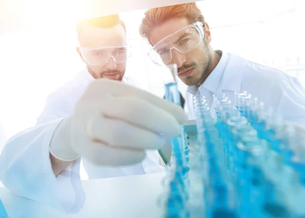 Scientist and assistant studying the solution in the tube — Stock Photo, Image