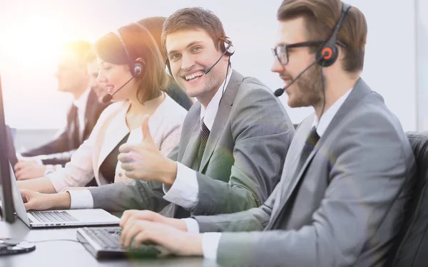 Employee call center with headset showing thumb up — Stock Photo, Image