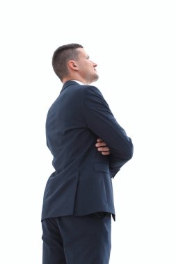 yan görünümü. Kendine güvenen işadamı ararken.