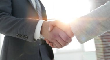 Gülümseyen iş adamı el sıkışma ortak toplantısında heyecanlı,