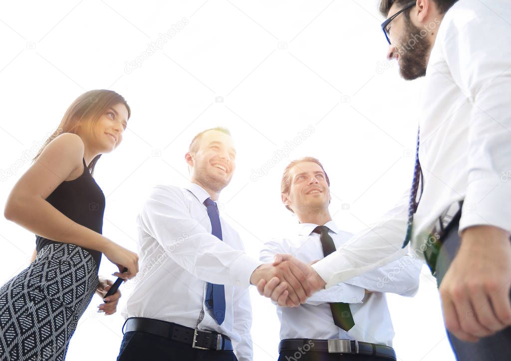 bottom view.handshake business colleagues.