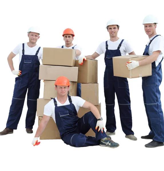 Groupe de constructeurs de personnes avec des boîtes — Photo