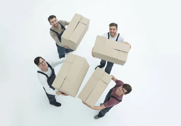 Móveis levantando pilha de caixas de papelão em movimento isolado em branco — Fotografia de Stock