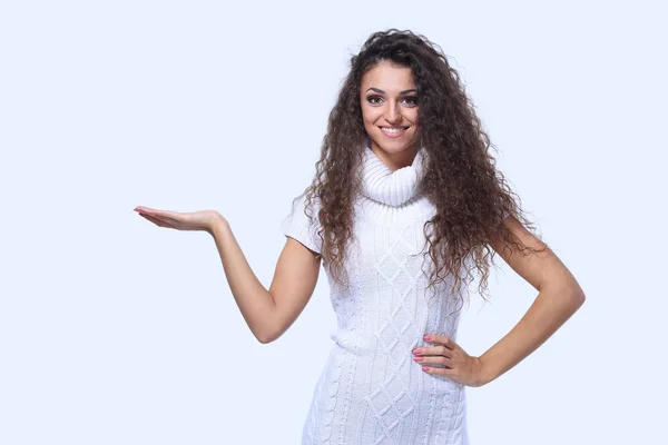 Mujer sonriente señalando con el dedo el espacio de copia . —  Fotos de Stock