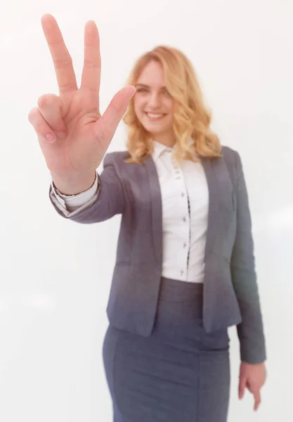 Modern business woman showing victory sign. — Stock Photo, Image