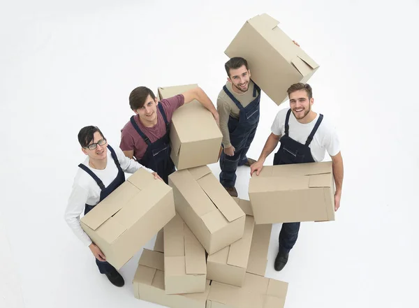 Delivery men with cardboard boxes on white background. — Stock Photo, Image