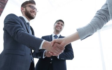 Toplantı salonunda iş ortakları el sıkışıyor.