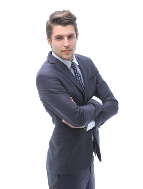 Kendine güvenen işadamı kameraya bakıyor.