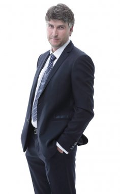 yakın çekim. Kameraya bakarak emin iş adamı.