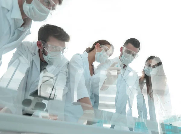 Científicos que trabajan con tubos de ensayo y microscopio en el laboratorio —  Fotos de Stock