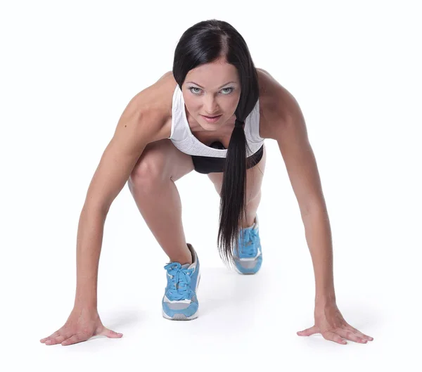 Mulher fitness atraente fazendo exercícios de ajuste cruzado de início baixo — Fotografia de Stock