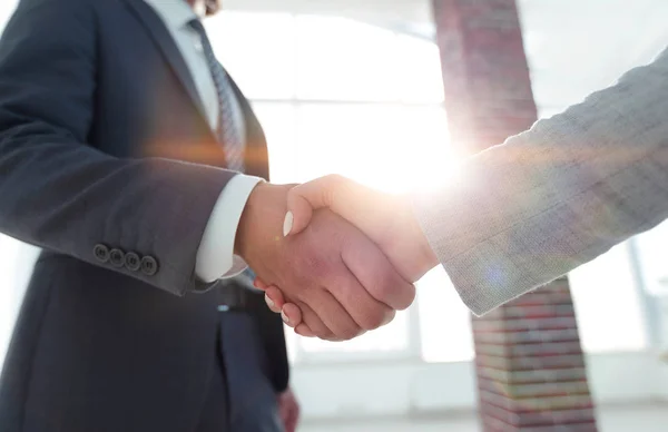 Excited smiling businessman handshaking partner at meeting, — Stock Photo, Image