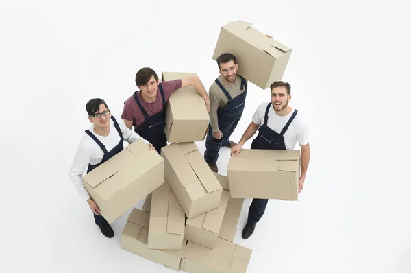 Delivery men with cardboard boxes on white background. — Stock Photo, Image