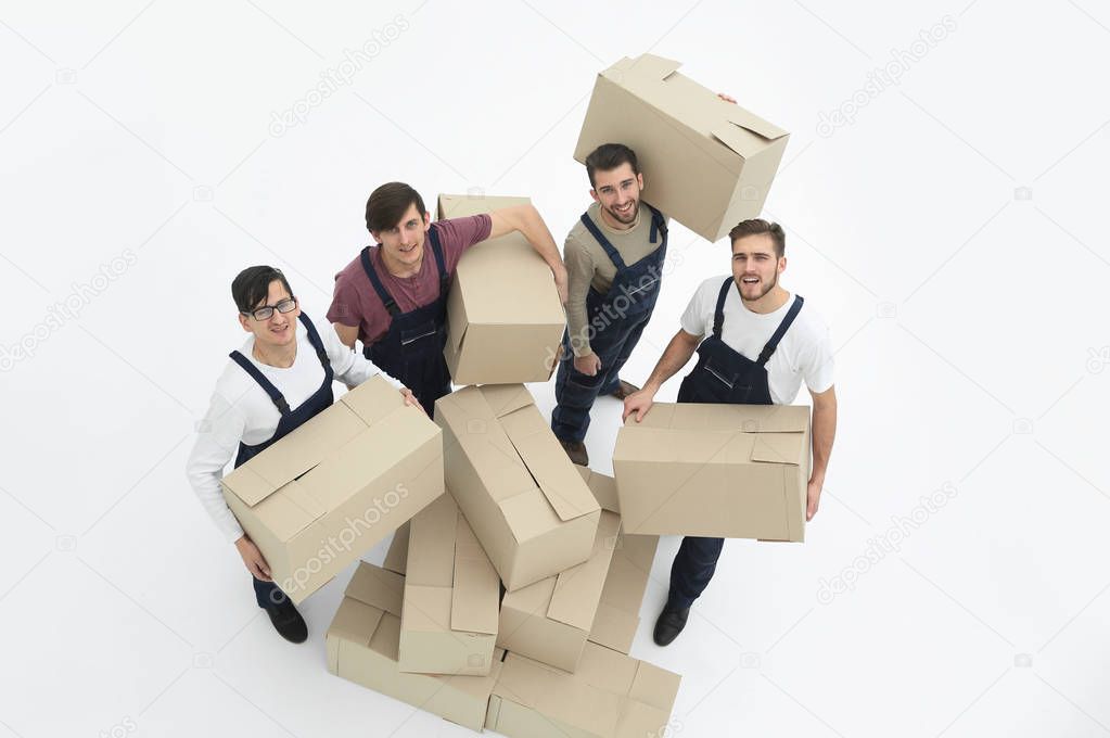 Delivery men with cardboard boxes on white background.