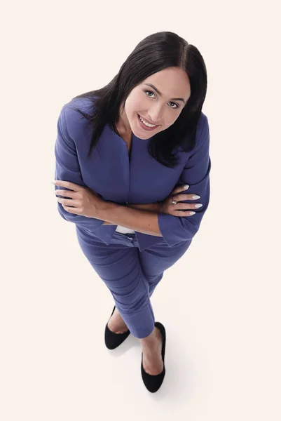 Beautiful woman in blue suit smiling on white background, top vi — Stock Photo, Image