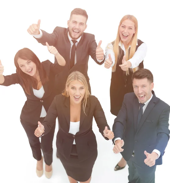 Vista desde el equipo de negocios top.happy sosteniendo un pulgar hacia arriba . — Foto de Stock