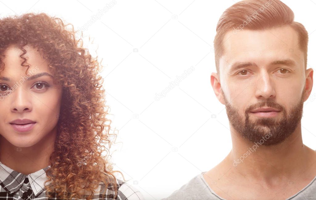 Close-up face of a man and a woman.