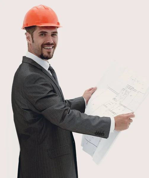 Primer plano. arquitecto leyendo un plano .isolated en blanco — Foto de Stock