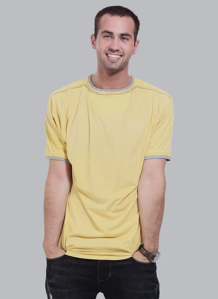 Young happy casual man portrait, isolated on gray background — Stock Photo, Image