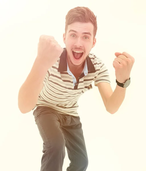 Primer plano. chico feliz celebrando su éxito . — Foto de Stock