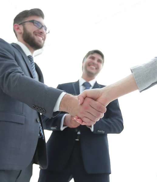 Socios comerciales estrechando la mano en la sala de reuniones — Foto de Stock