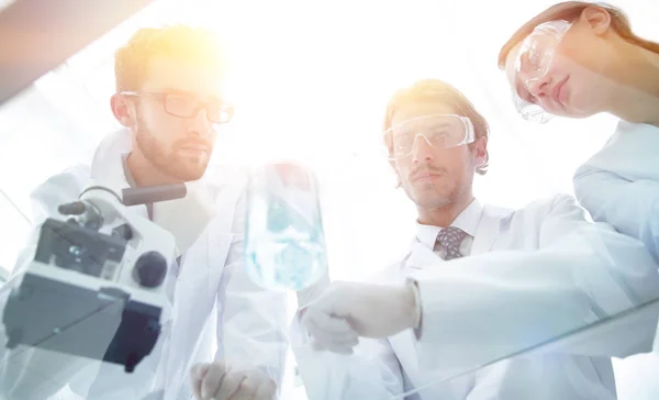 Grupo de cientistas que trabalham numa experiência no laboratório — Fotografia de Stock