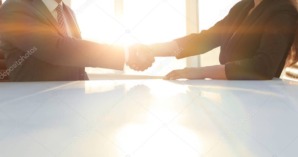 Friendly smiling business people  handshaking after pleasant tal
