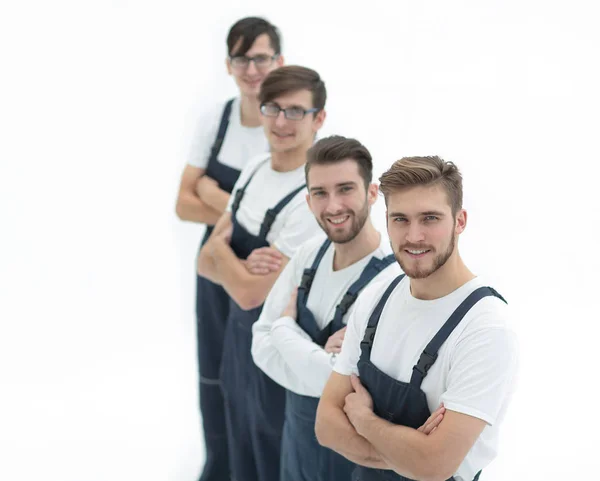 Equipe alegre de movimentadores responsáveis isolados em fundo branco — Fotografia de Stock