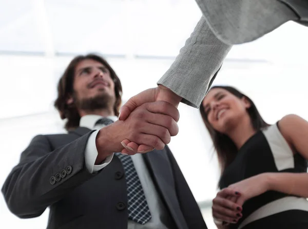 Affärsmän skakar hand mot rum med stora fönster loo — Stockfoto