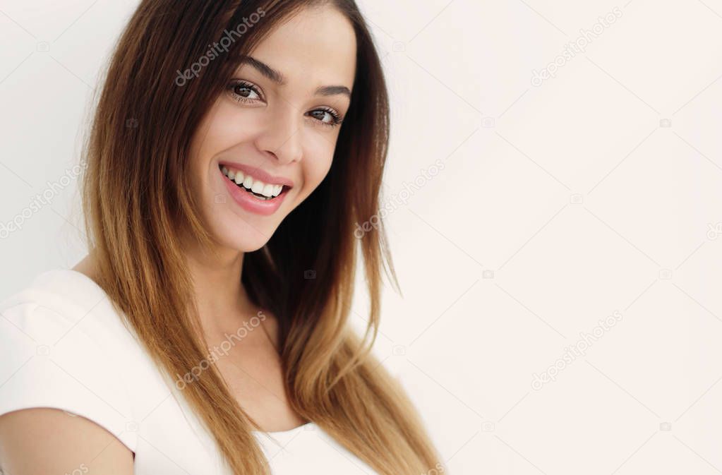 Happy business woman smiling - isolated over a white background