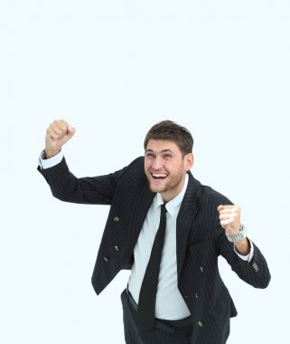 En baştan görüntüleyin. Kameraya bakarak mutlu işadamı