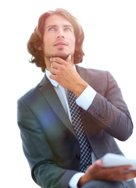 Tabletli modern iş adamı kopyalama alanına bakıyor