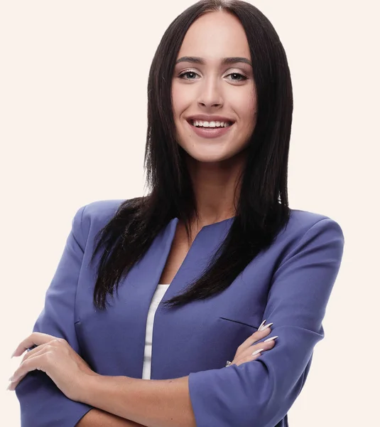 Retrato de jovem feliz sorridente empresária, isolado em branco — Fotografia de Stock