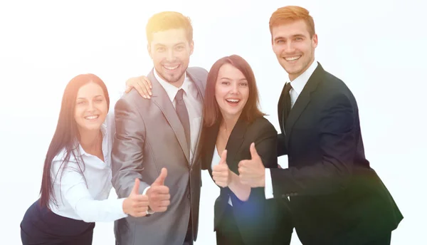 Счастливая бизнес-команда, показывающая большой палец вверх. — стоковое фото