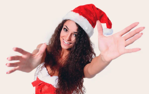 Junge Weihnachten Frau zeigen weißen Hintergrund — Stockfoto