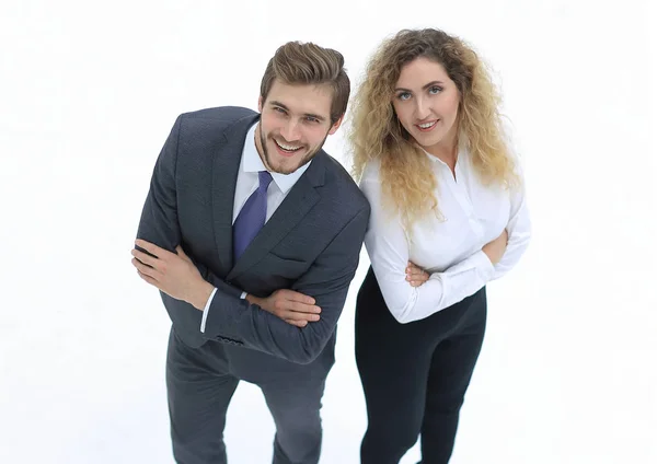 Zwei lächelnde Mitarbeiter isoliert auf weiß — Stockfoto