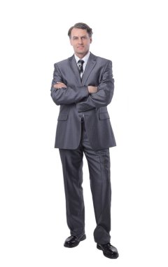 Tüm büyüme. Ceket tutan takım elbiseli ciddi adam
