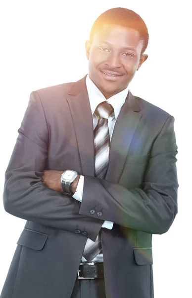 Photo of smiling  african man dressed in suit standing isolated — Stock Photo, Image