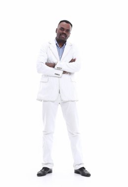 Beyaz arka plan üzerinde elbise ile siyah işadamı portresi