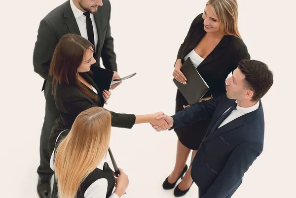 Vista do aperto de mão da equipe top.business e parceiros de negócios — Fotografia de Stock