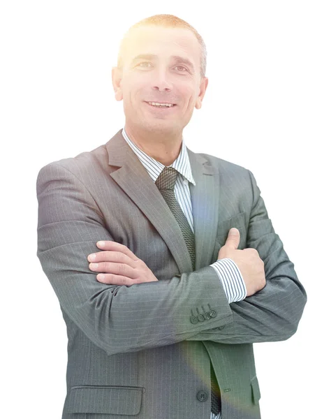 Happy mature man in suit smiling while standing against white — Stock Photo, Image