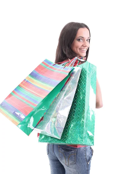 Retrato de la joven feliz mujer sonriente con bolsas de compras — Foto de Stock