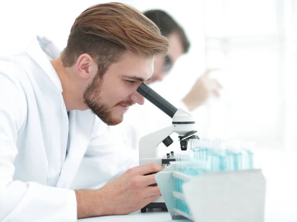 Serious clinician studying chemical element in laboratory — Stock Photo, Image