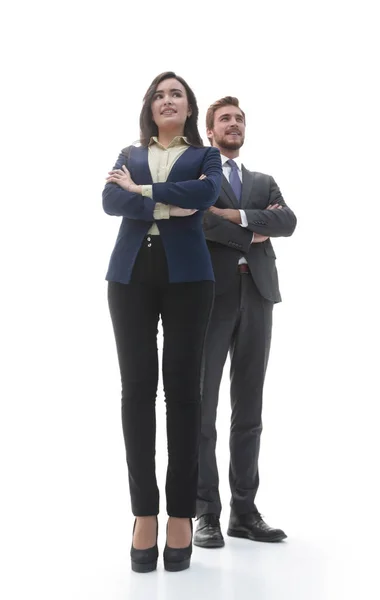 Two confident smiling businesspeople in formalwear isolated on w — Stock Photo, Image